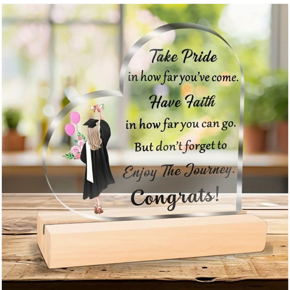 Acrylic Graduation Keepsake w/Wooden Base, Inspirational Graduation Gift for Her - Picture 1 of 6